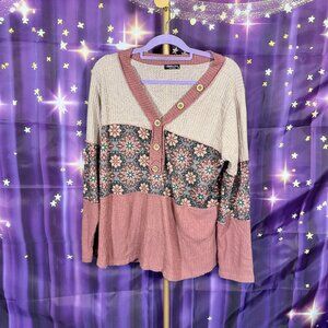 Heimish USA - Floral Button Top - Pink, Cream - 1X